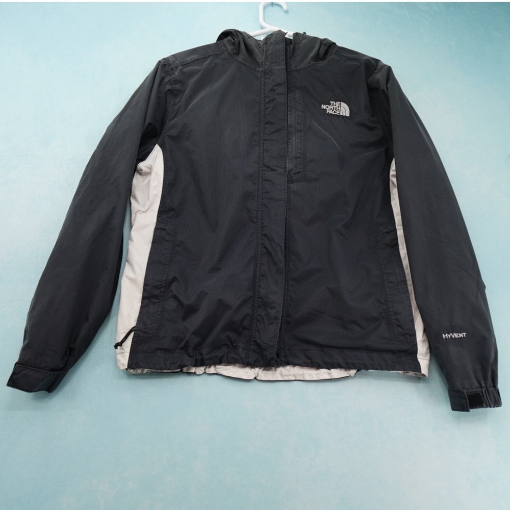 The North Face Womens HyVent Rain Jacket Medium Black Gray Hooded Waterproof